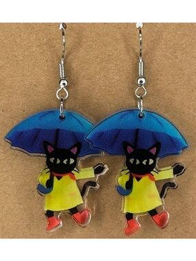 Cat With An Umbrella and Rain Gear Dangle Earrings 2D Acrylic Cartoon